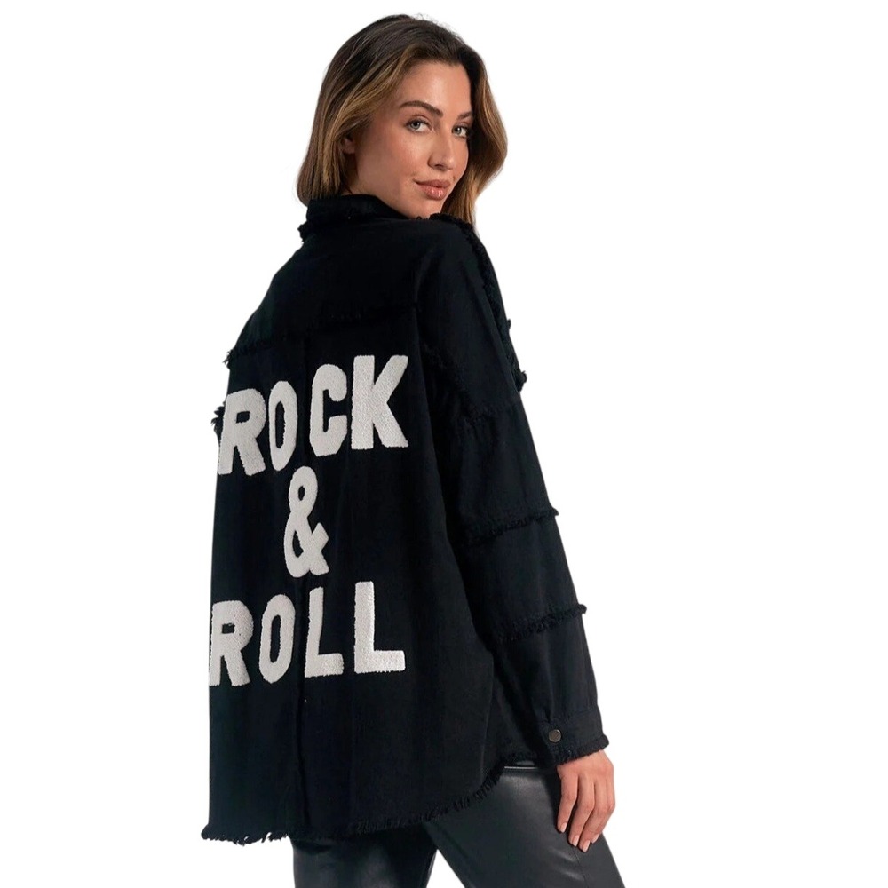 Elan Rock & Roll Black Distressed Denim Shirt Jacket Shacket Womens Size L NEW